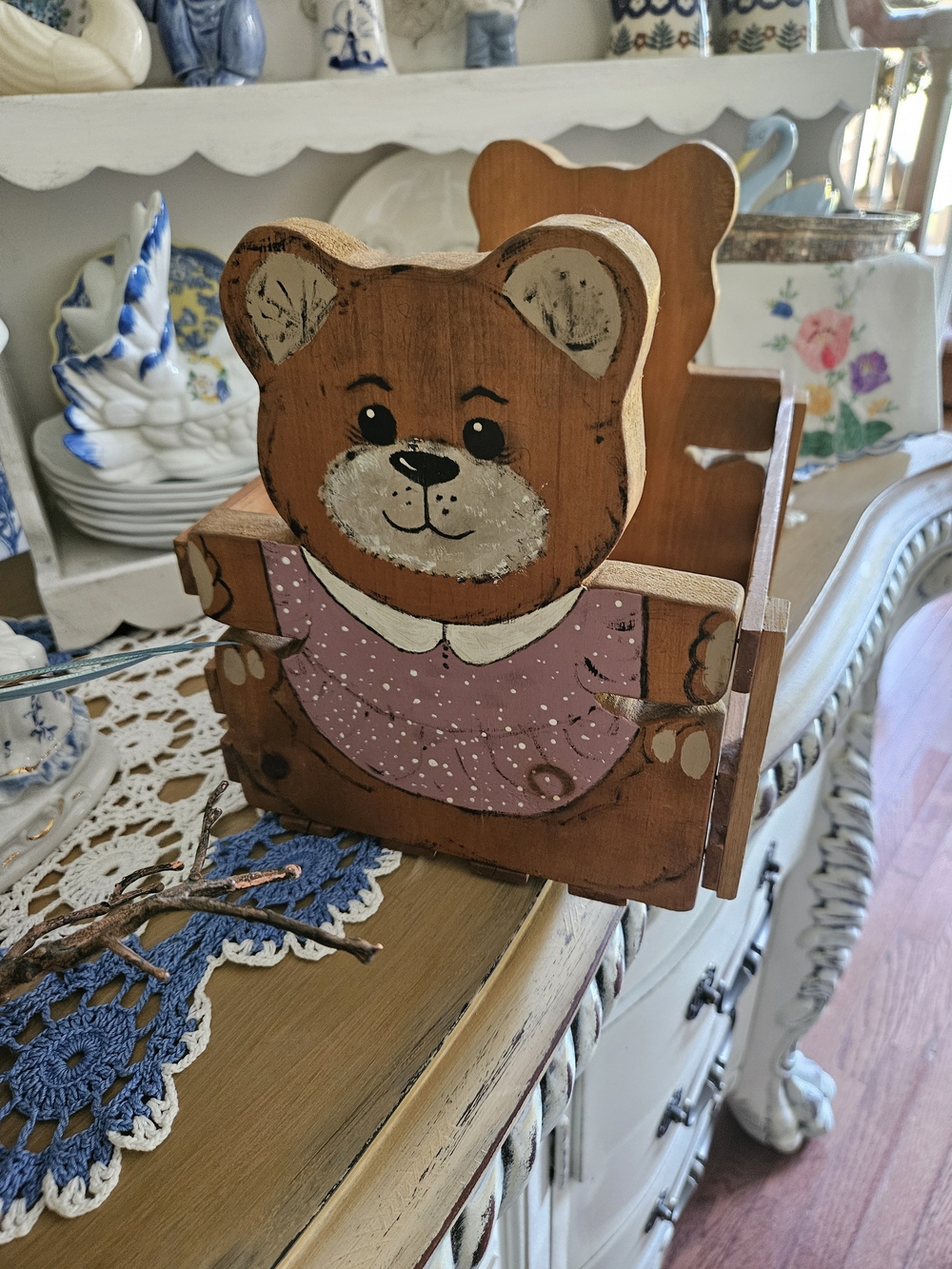Hand-Painted Wooden Bear Box in Brown and Lavender